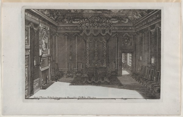 Interior with a Canopy Bed and a Row of Chairs Lining the Walls