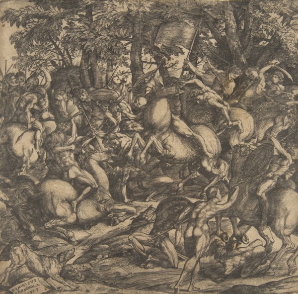 Group of naked men engaged in battle in a wooded landscape