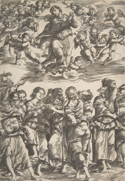The Virgin at top center in clouds with clasped hands and right foot raised