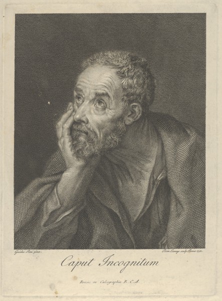 An old bearded man resting his head on his right hand and looking upwards to the left