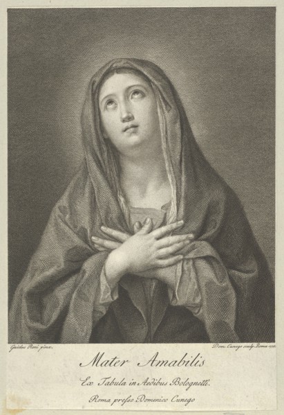 The Virgin looking upwards with hands crossed over her chest