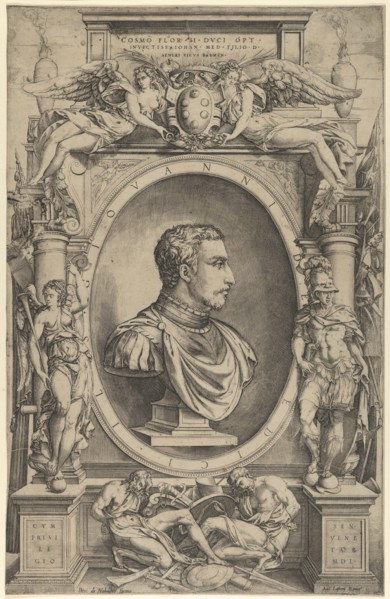 Portrait of Giovanni de' Medici facing right within an elaborate cartouche flanked by Vict...