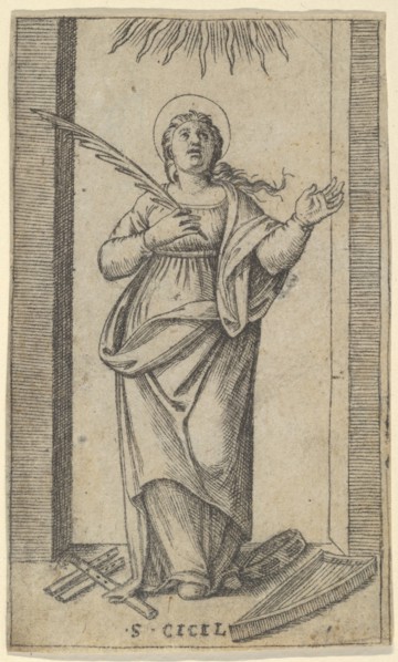 Saint Cecilia standing holding a palm of martyrdom in her right hand