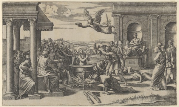 The Martyrdom of Saint Cecilia standing naked in a large cauldron