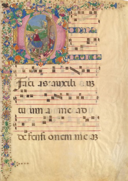 Manuscript Leaf with Entry into Jerusalem on Palm Sunday in an Initial D...