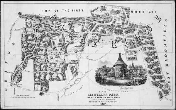 Map of Llewellyn Park and Villa Sites, on Eagle Ridge in Orange & West Bloomfield, 1857.