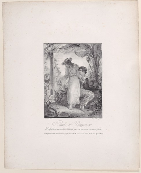 Paul and Virginia, 1805-27. [L'infortunée se sentait troublée par les caresses de son frère - The unfortunate young woman was troubled by the caresses of her brother].