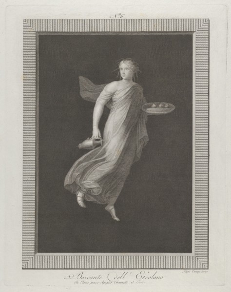 A bacchante holding a pitcher in her right hand and carrying in her left hand an oval dish containing three figs, set against a black background inside a rectangular frame, 1795-1820. Baccante dell'Er...
