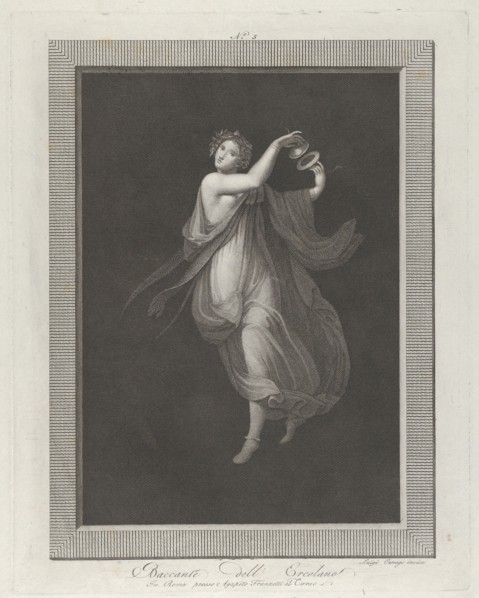 A bacchante, a garland on her head, and playing cymbals, set against a black background inside a rectangular frame, 1795-1820. [Baccante dell'Ercolano].