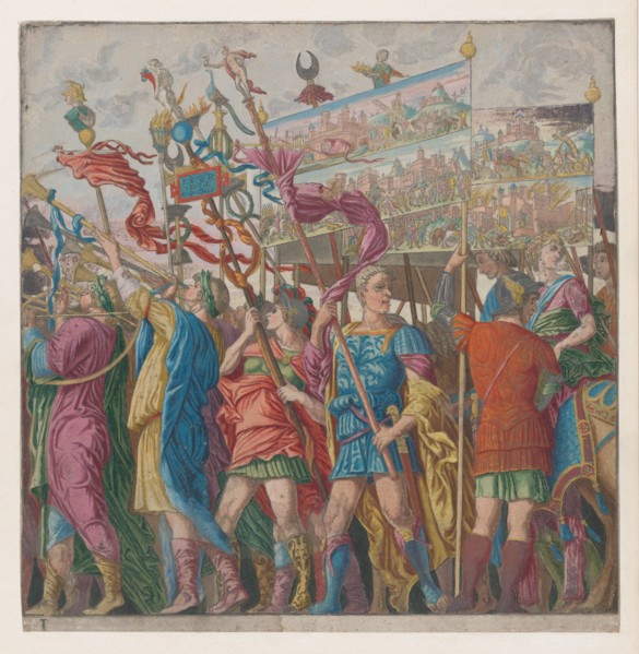 Sheet 1: Soldiers carrying banners depicting Julius Caesar's triumphant military exploits, from The Triumph of Julius Caesar, 1599.