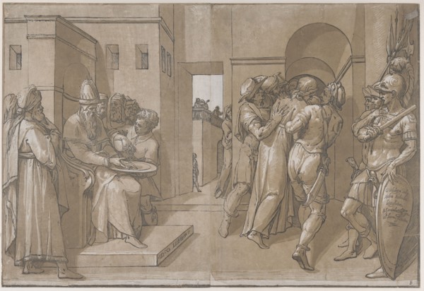 Christ is being led away, soldiers stand at the right (right side of sheet), 1585.