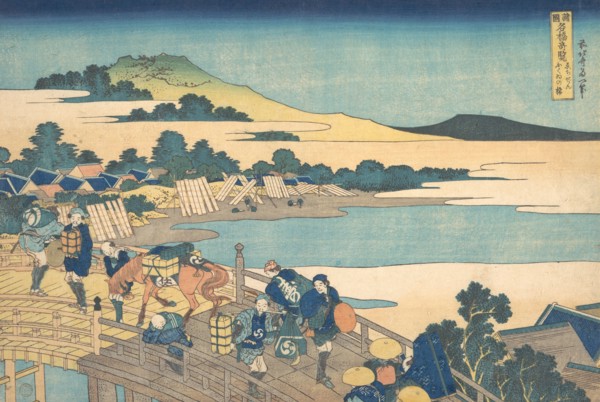 Fukui Bridge in Echizen Province (Echizen Fukui no hashi), from the series Remarkable Views of Bridges in Various Provinces (Shokoku meikyo kiran), 1827-30.