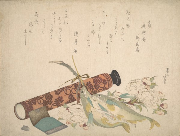 Still Life: Double Cherry-Blossom Branch, Telescope, Sweet Fish, and Tissue Case, ca. 1804-13.