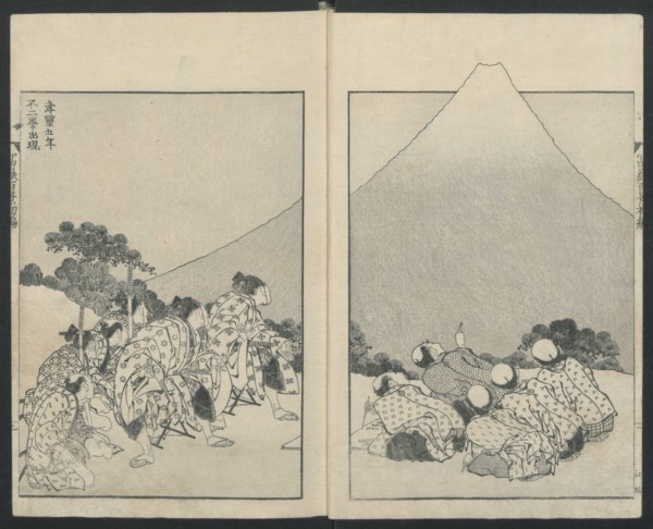 Sliding Down (left); The Opening of Fuji (right) from One Hundred Views of Mount Fuji, 1834.