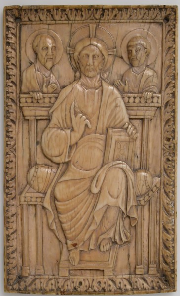 Plaque with Christ enthroned with two Apostles, Carolingian, 850-875.  Christ flanked by Saints Peter and Paul