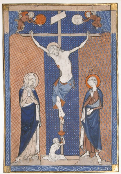 Manuscript Leaf with the Crucifixion, from a Missal, French, ca. 1270-80. Jesus with the Virgin Mary and Saint John with Adam rising from a sarcophagus