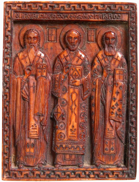 Icon with Three Church Fathers, Greek, ca. 1500 or later. Saints Basil, John Chrysostom, and Gregory [of Nazianzos],