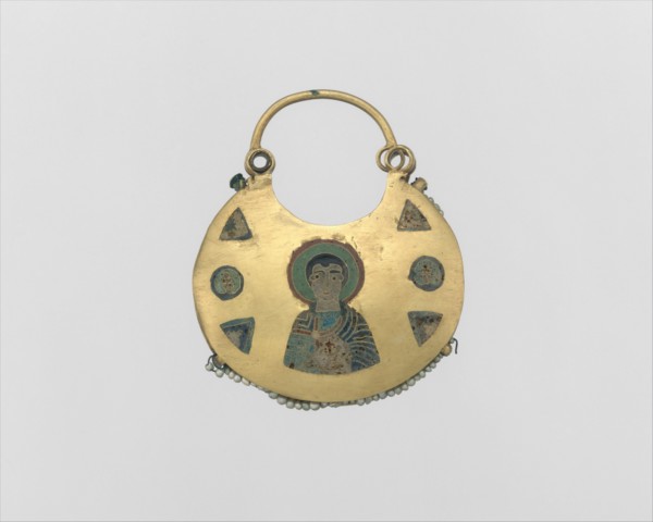 One of a Pair of Temple Pendants, with Busts of Male Saints Holding Martyr's Cross (front) and Leaf and Rosette Motifs (back), Kievan Rus', 11th-12th century.