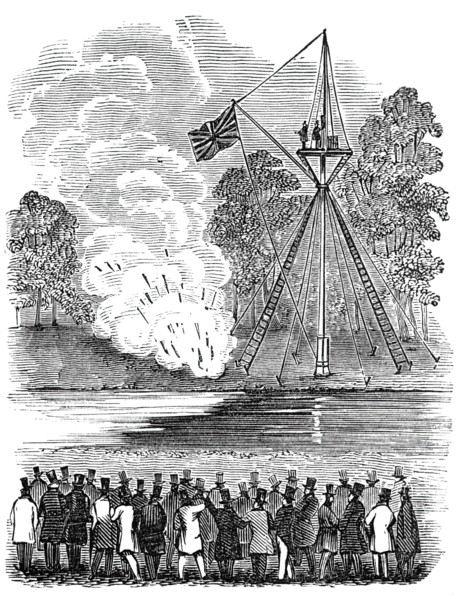 Novel experiments in warfare - shower of hand-rockets, 1844. Creator: Unknown.