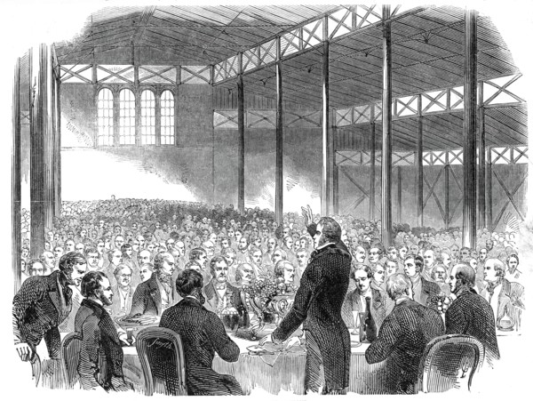 Dinner in the Pavilion, Royal Agricultural Society's Show, Shrewsbury, 1845. Creator: Unknown.