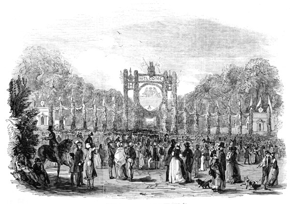 Grand festivities at Harewood House: triumphal arch - procession of tenantry etc, 1845. Creator: Unknown.