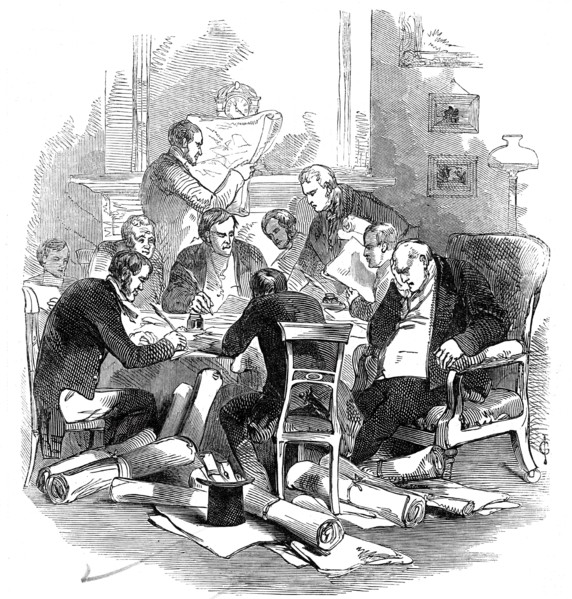 Eve of the 30th - correcting plans at a tavern, 1845. Creator: Unknown.