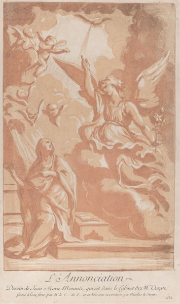 The Annunciation with the Virgin kneeling at left and Gabriel appearing at right