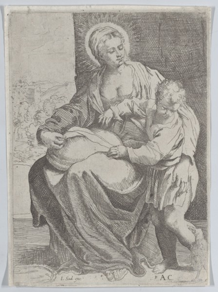 The Virgin seated holding a pillow on her lap with the young Christ standing at right...
