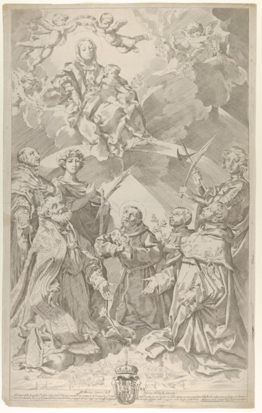 Patron saints of Bologna looking upwards at the Virgin who is seated in the clouds with...