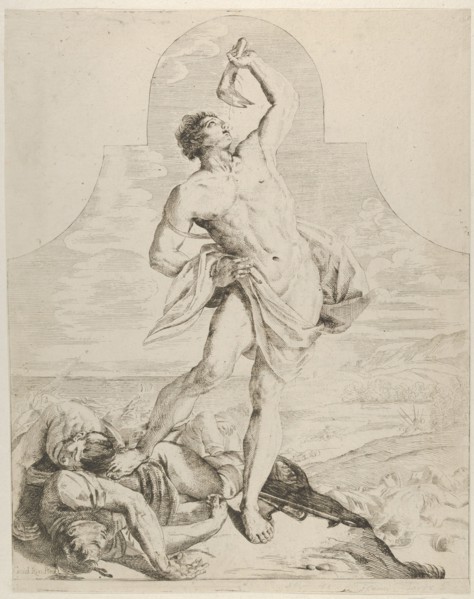 Samson holding the jaw bone of an ass over his head and standing next to the Philis...