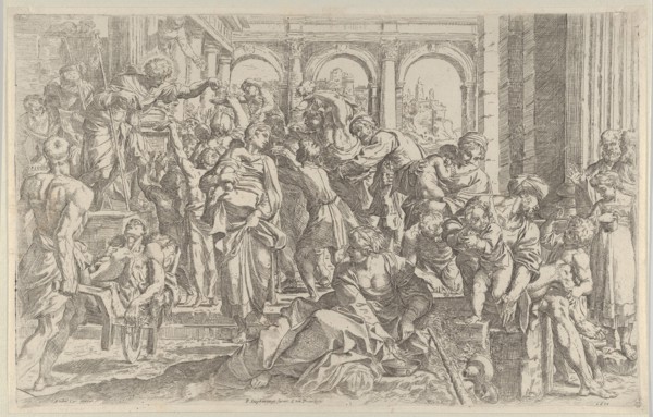 Saint Roch at left distributing alms to a group of people gathered around him