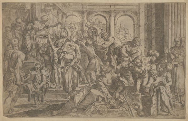 Saint Roch at left distributing alms to a group of people gathered around him