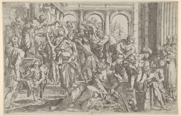 Saint Roch at left distributing alms to a group of people gathered around him