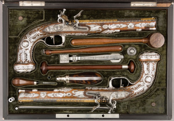 Cased Pair of Flintlock Pistols with Accessories
