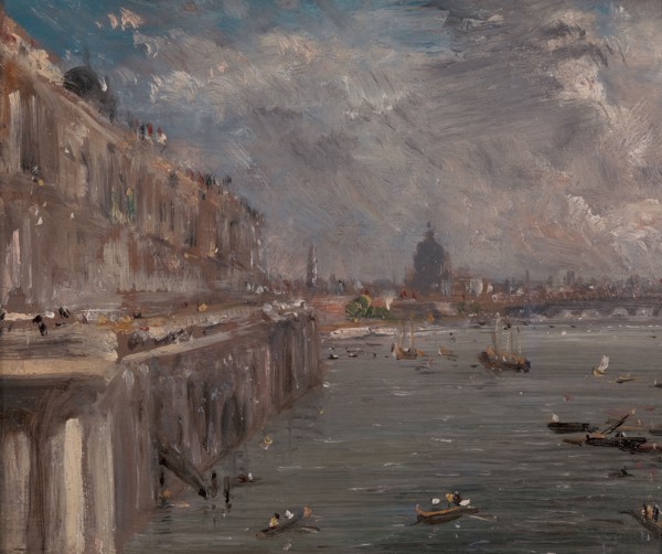Somerset House Terrace from Waterloo Bridge;Somerset House Terrace and the Thames: a View from the North end of Waterloo Bridge with St. Paul's and Blackfriar's Bridge;Somerset House, A View from Wate...