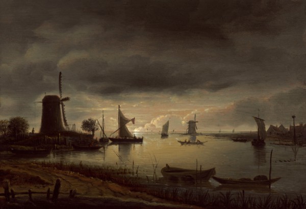 River Scene with Windmill and Boats, Evening, c. 1645.