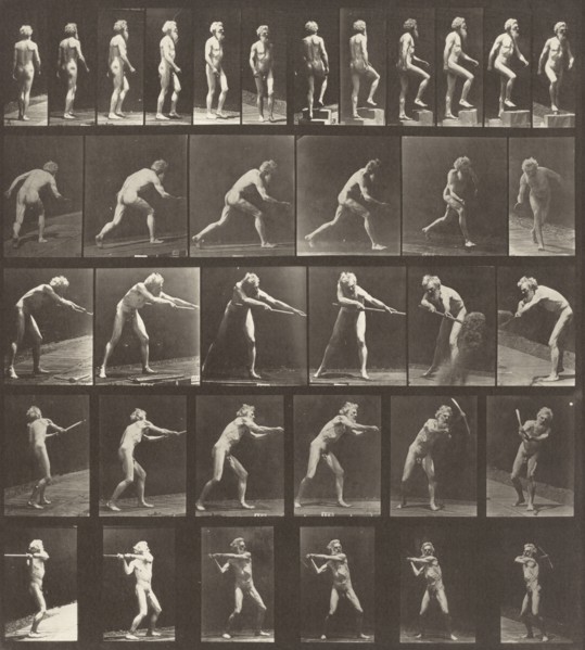 Plate Number 521. A: Walking. B: Ascending a step. C: Throwing the disk. D: Using a shovel. E, F: Using a pick, 1887.