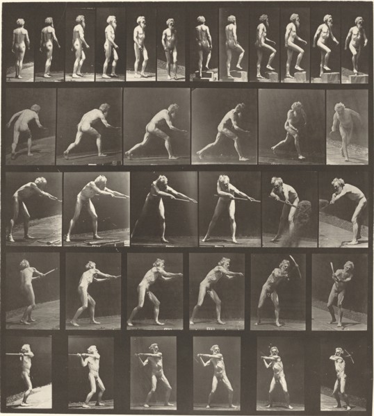 Plate Number 521. A: Walking. B: Ascending step. C. Throwing disk. D: Using shovel. E, F. Using pick, 1887.