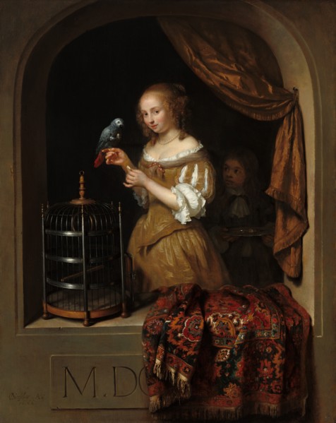A Woman Feeding a Parrot, with a Page, 1666.