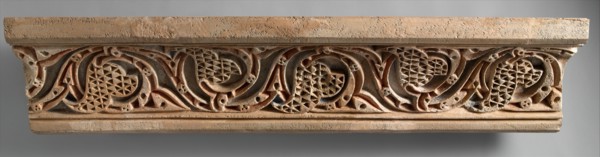Fragment of a Painted Cornice Panel with Scrolling Vines, Iran, 11th century.