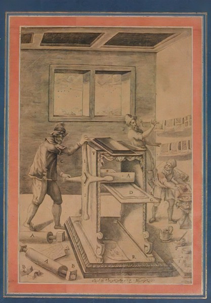 Copper Plate Printers at Work, Folio from the Davis Album, Iran, dated A.H. 1199/A.D. 1784-85. Copy of a printed illustration in the book Novo teatro di machine e edificii by Vittorio Zonca, published...
