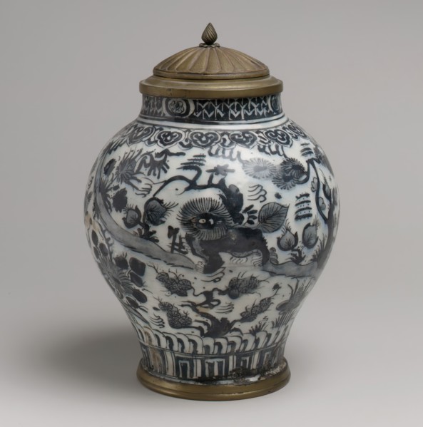Jar with Lion and Landscape Elements, Iran, first half 18th century. Chinese ceramics in the Islamic world continued into the Safavid era in Iran