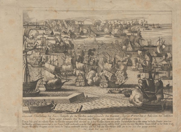 Naval battle between the Russian and Ottoman fleet on July 13, 1788, 1788. Private Collection.