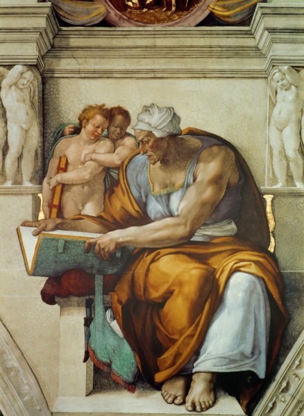 Prophets and Sibyls: Cumaean Sibyl (Sistine Chapel ceiling in the Vatican), 1508-1512. Found in the collection of The Sistine Chapel, Vatican.
