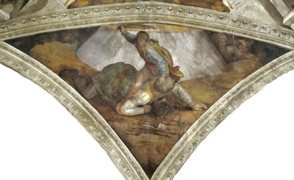 David and Goliath (Sistine Chapel ceiling in the Vatican), 1508-1512. Found in the collection of The Sistine Chapel, Vatican.