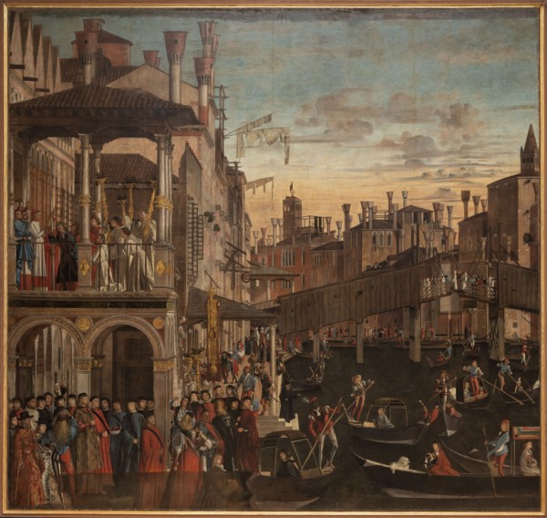 Miracle of the Holy Cross at the Ponte di Rialto, c. 1496. Found in the collection of Gallerie dell'Accademia, Venice.