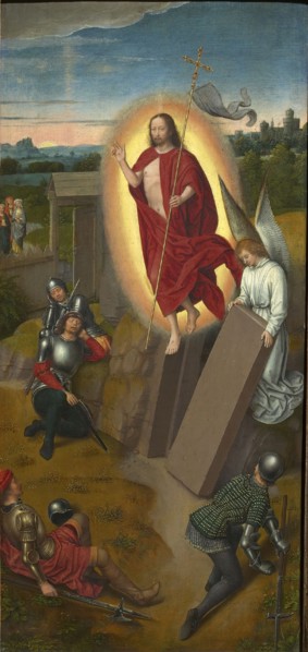 Calvary Triptych: The Resurrection, right wing, 1480s. Found in the collection of Szepmuveszeti Muzeum, Budapest.