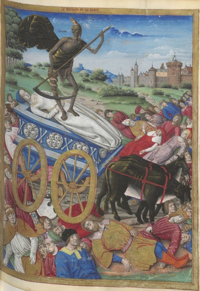 The triumph of Death: the death of Laura. Miniature from Pétrarque, Les Triomphes, 1500-1505. Found in the collection of Bibliothèque Nationale de France.