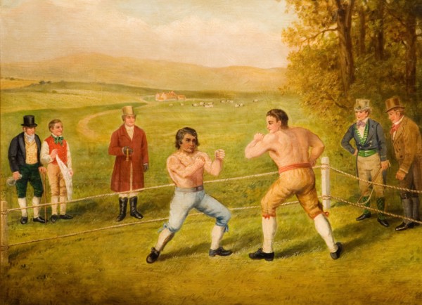 A Birmingham Prize Fight, 1789. Painting depicts a fight between Tom Johnson, Champion of England and Isaac Perrins of Birmingham. According to the Gentleman's Magazine of October 1789, Johnson won af...