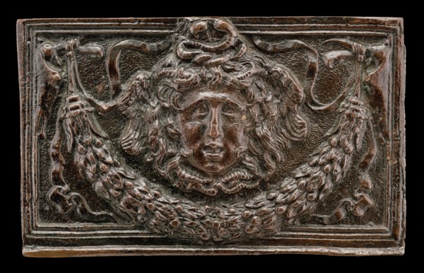 End panel of a writing casket: Medusa Head, Garland, and Bucrania, c. 1500.